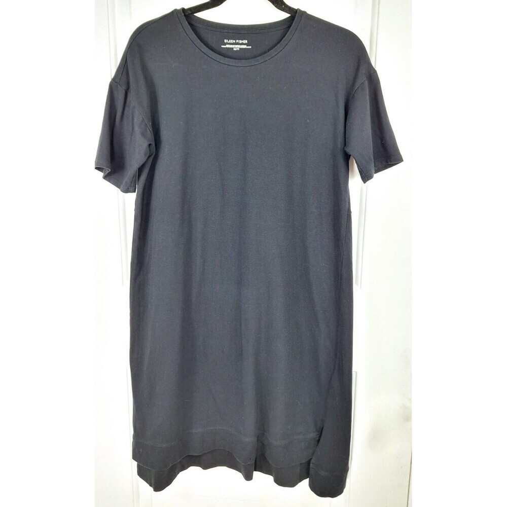Eileen Fisher Black Organic Cotton Stretch T-Shirt Dress XS High-Low Hem Slit